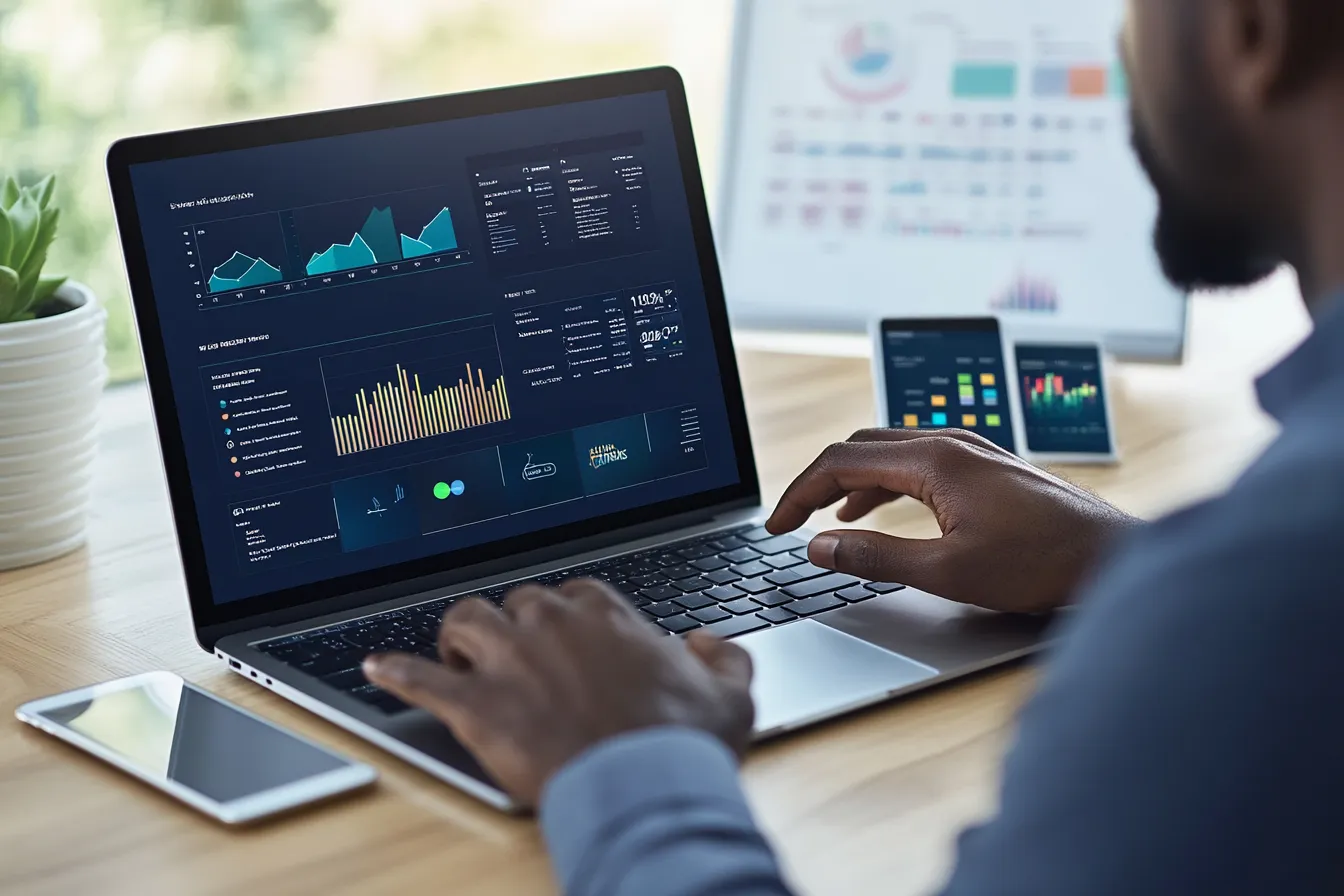 Man analyzing digital business data on laptop with dashboard charts